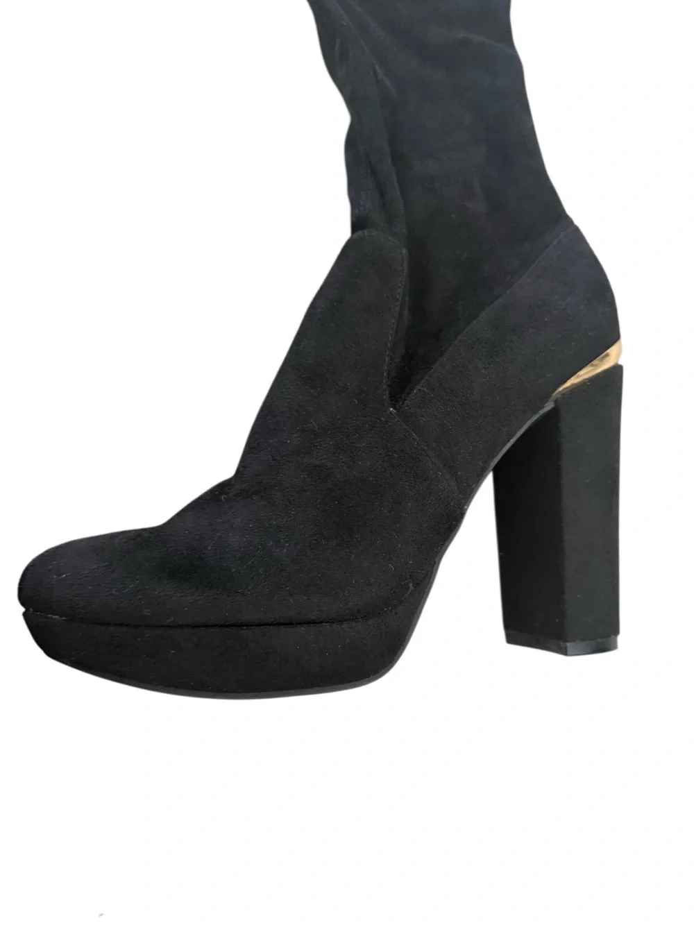 Guess Black Over-the-Knee Platform Block Heel Boots with Gold Trim Size 6